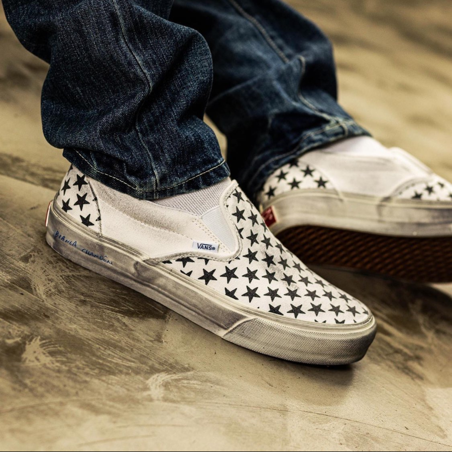 Giay Vans Vault x Bianca Chandon Classic Slip-On LX Stressed 'Black White' VN0A3QXYBA21