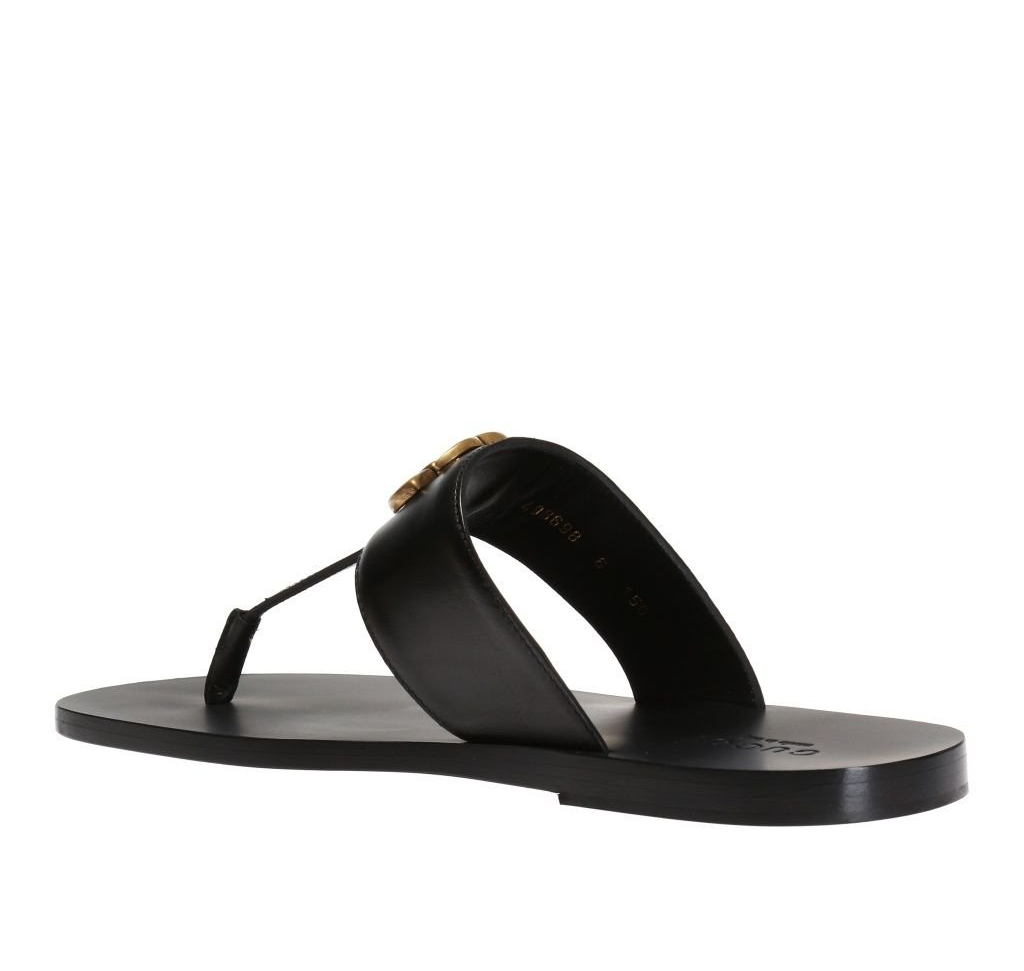 Dép Gucci Leather Thong Sandal With Double G 'Black' 498698-A4HD0-1000 - Ảnh 3