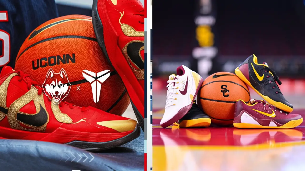 Hinh anh 3: Tran dau bong ro nu UConn vs USC tri an Kobe Bryant voi giay Nike Kobe tren san.